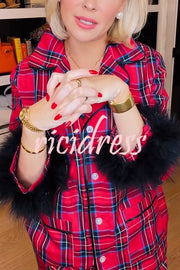 Holiday Time Plaid Contrast Feather Sleeve Pocket Shirt and Elastic Waist Pajama Set
