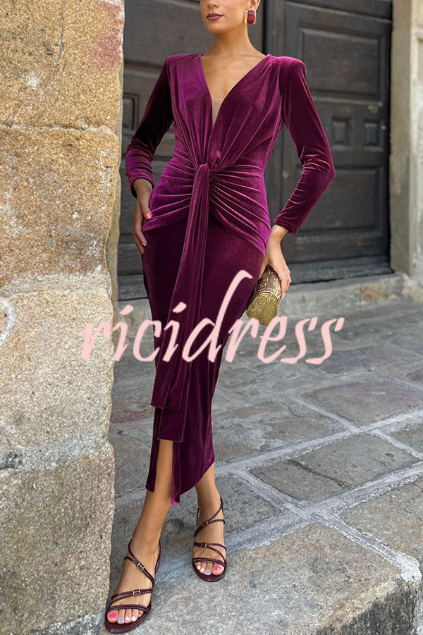 Elisabeth Luxurious Velvet Padded Shoulders Long Sleeve Twist Waist Drape Midi Dress