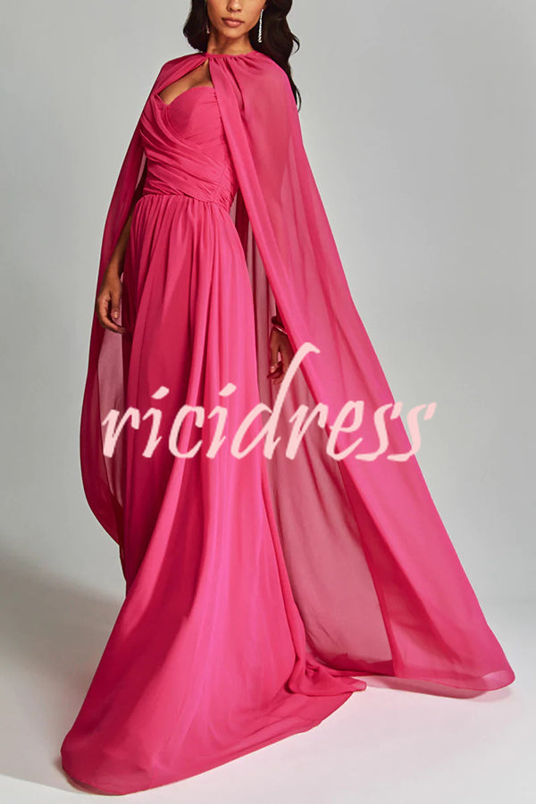 Romantic Party Chiffon Off Shoulder Sweetheart Neck Ruched Cape Maxi Dress