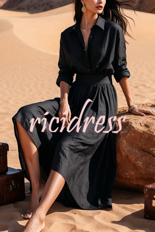 Solid Color Lapel Long Sleeve Casual Waist Midi Dress