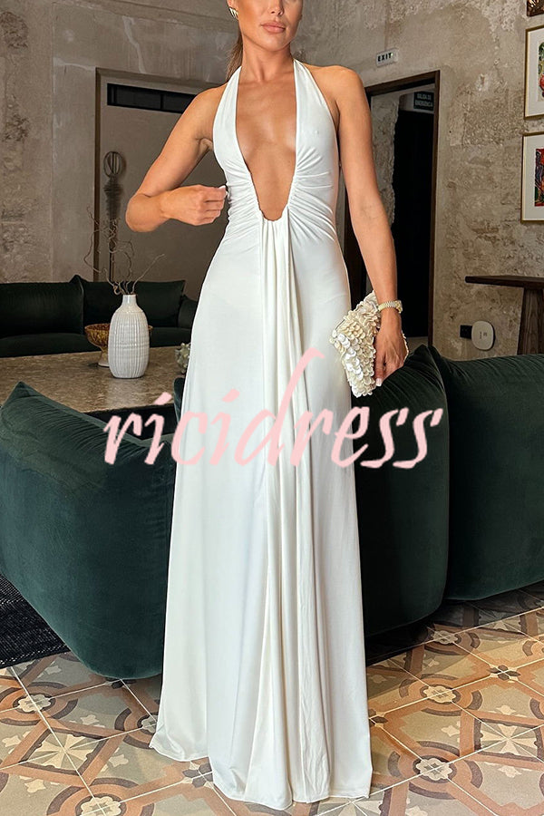 Sexy Silhouette Deep U-neck Halter Waterfall Sash Drape Maxi Dress