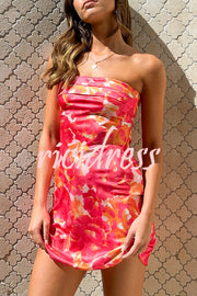 Dreamworld Satin Floral Print Sexy Strapless Backless Mini Dress