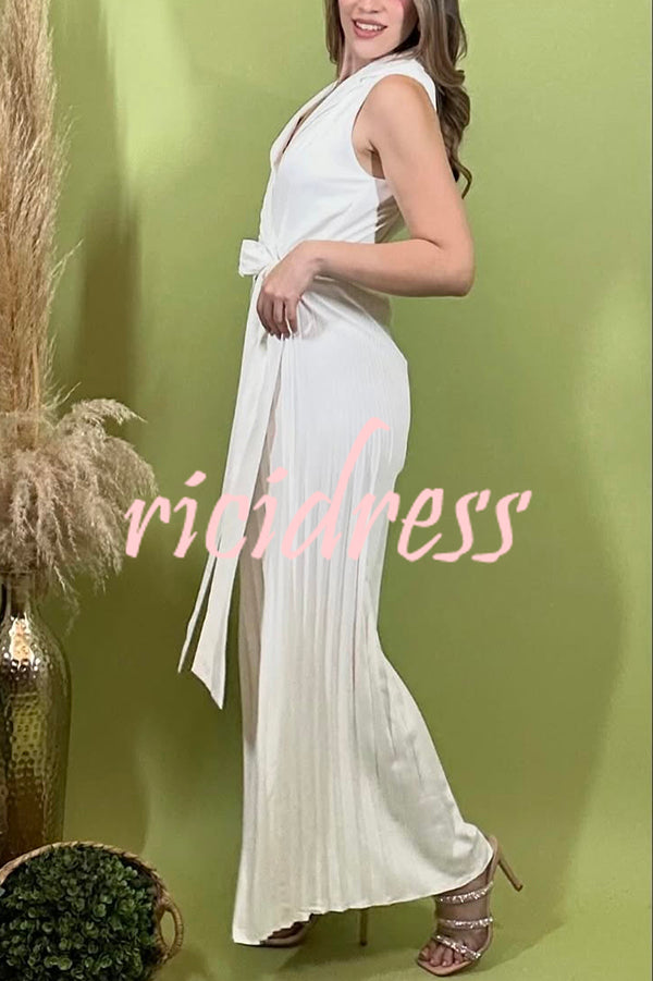Solid Color Lapel Sleeveless Waist Tie Pleated Wide-leg Jumpsuit