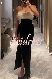 Sarai Thigh Slit Feather High Waisted Maxi Dress