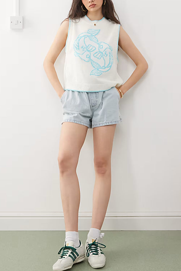 Marine Life Pattern Crew Neck Sleeveless Knit Tank Top