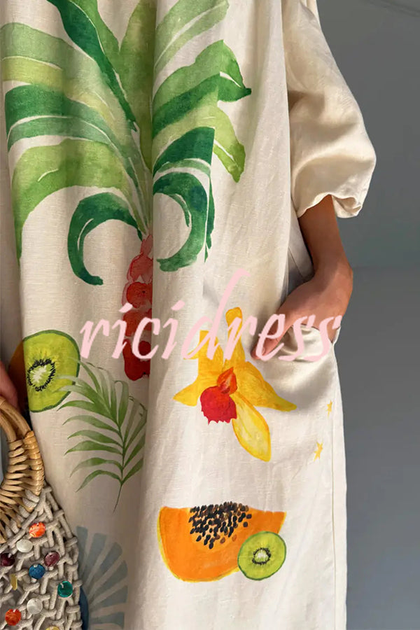 Sunveil Linen Blend Unique Print Puff Sleeve Pocket Strapless Maxi Dress