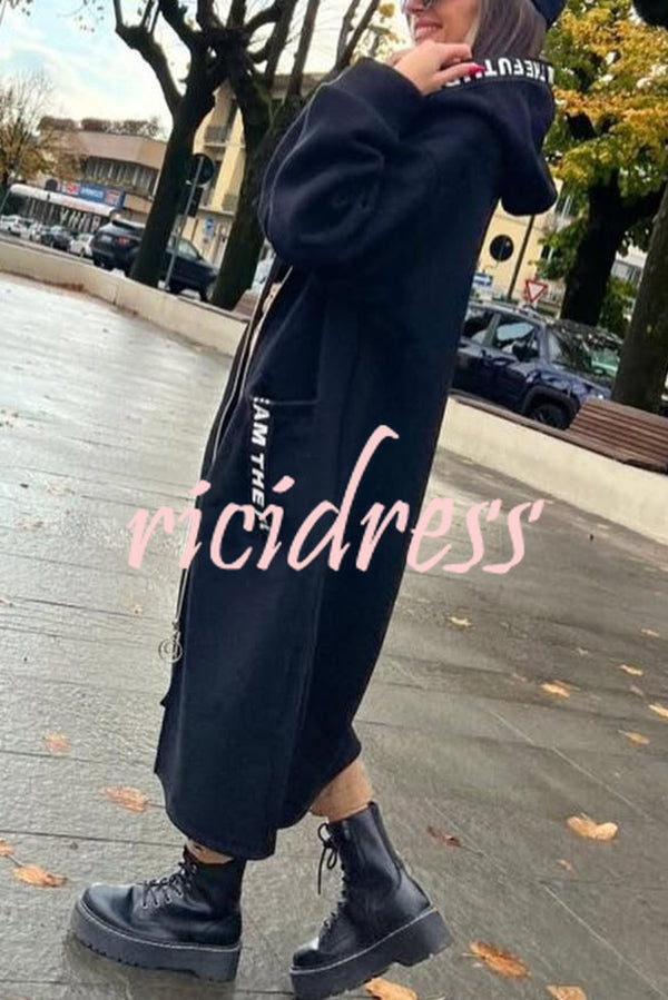 Fashionable and Casual Hooded Zipper Pocket Loose Long Coat