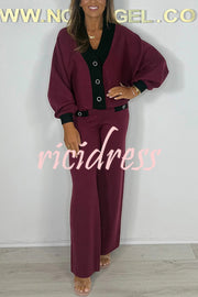 Fashion Contrast Color V-neck Loose Cardigan and Elastic Waist Casual Pants Set