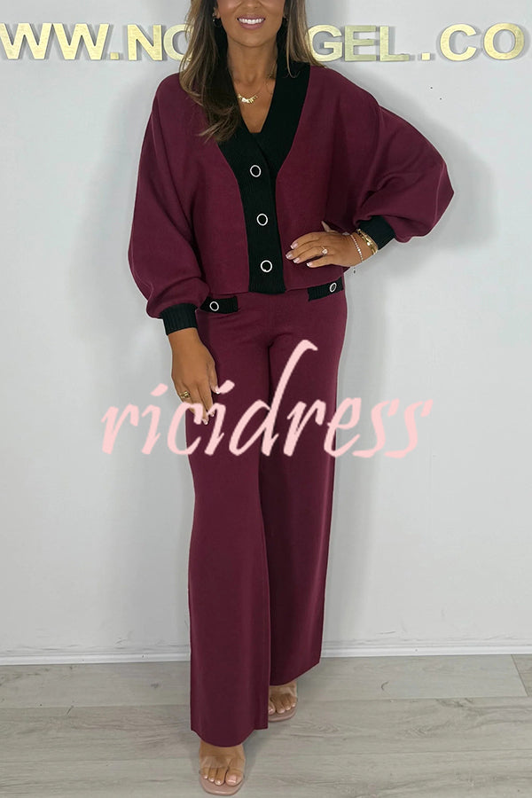 Fashion Contrast Color V-neck Loose Cardigan and Elastic Waist Casual Pants Set