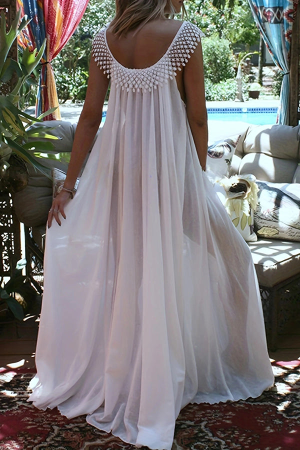 Solid Color Tassel Round Neck Stitching Loose Maxi Dress