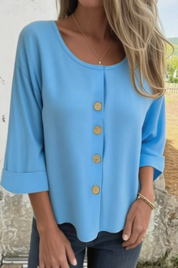 Solid Color Casual Round Neck Button Loose Top