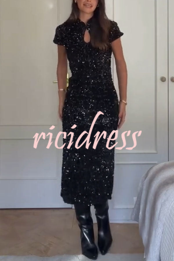 Cheongsam Style Velvet Sequin Stand Neck Short Sleeve Slit Midi Dress