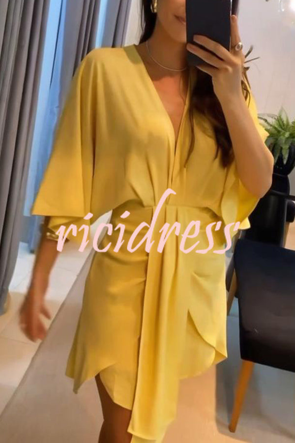 Solid Color V-Neck Half Sleeve Casual Irregular Mini Dress