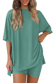 Solid Color Loose Short-sleeved Top and Stretch Casual Shorts Set