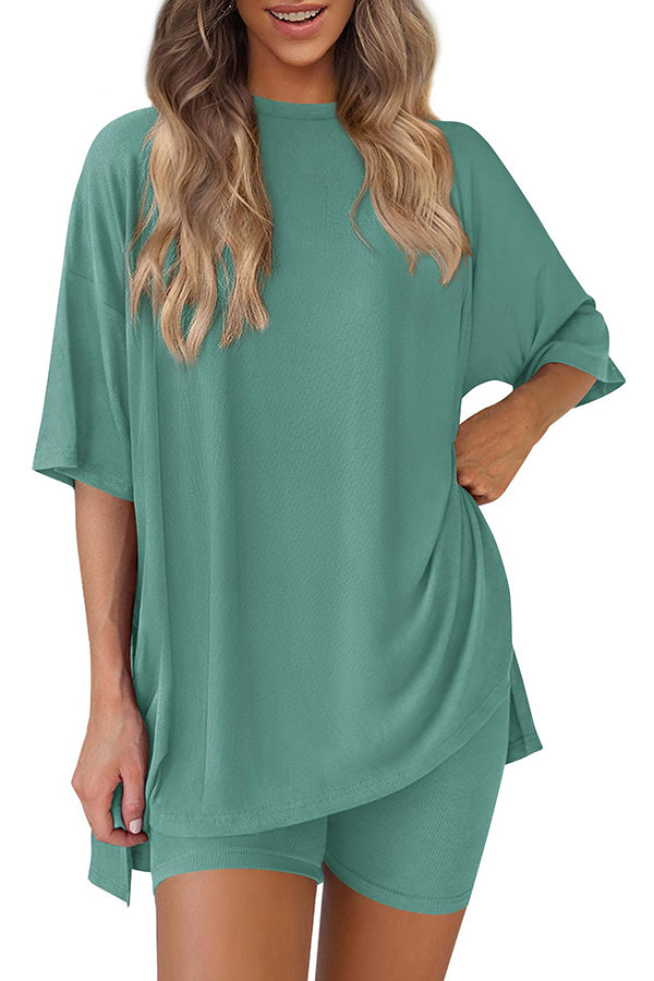 Solid Color Loose Short-sleeved Top and Stretch Casual Shorts Set
