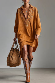 Fashionable Embroidered Loose Suede Long-sleeved Casual Mini Dress