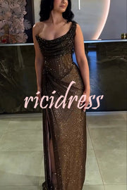 Glitzy Gala Glitter Fabric One Shoulder Ruched Slit Maxi Dress