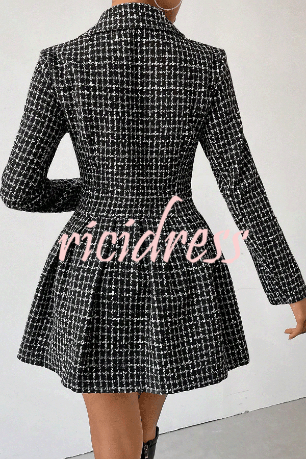 Plaid Print Lapel Long Sleeve Office Mini Dress