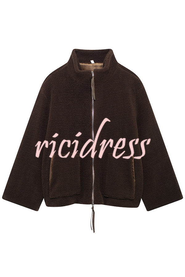 Solid Color Stitching High Collar Long Sleeve Loose Pocket Woolen Coat