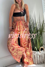 Vintage Boho Ethnic Print High Rise Elastic Drawstring Waist Pocketed Loose Pants