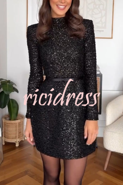 Edie Sequin High Neck Long Sleeve Satin Bow Belted Tulip Mini Dress