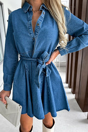 Stylish Long Sleeve Pocket Waist Belted Denim Mini Dress