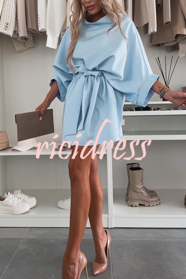 Solid Color Loose Round Neck Belted Mini Dress