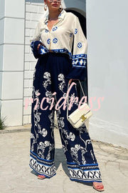 Unique Printed Lapel Long-sleeved Loose Top and Elastic Waist Casual Wide-leg Pants Set