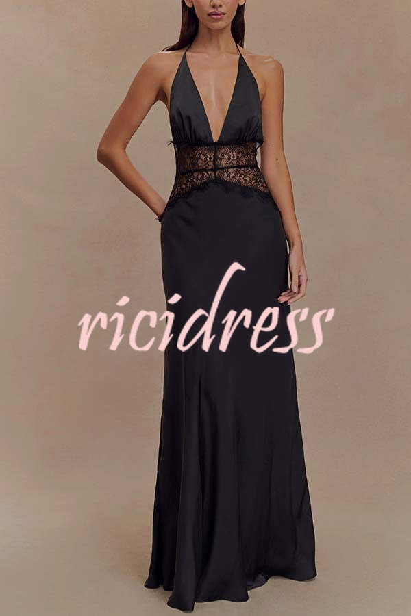 Seductive Details Satin Lace Waist Halter Tie-up Backless Maxi Dress