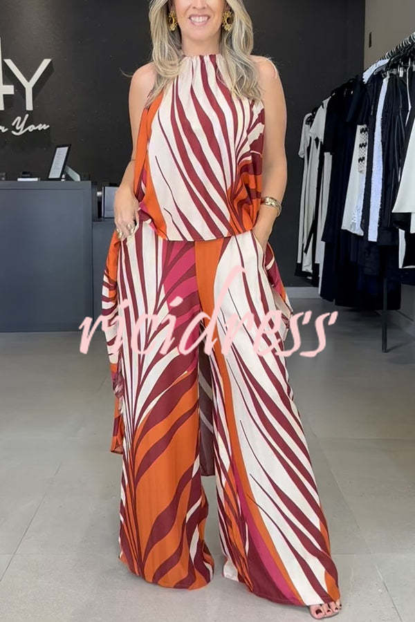 Edina Unique Print High Low Halter Loose Top and Elastic Waist Pocketed Wide Leg Pants Set