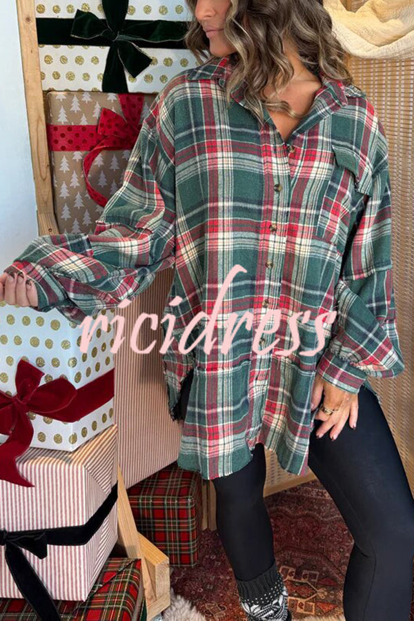 Christmas Morning Plaid Button Down Long Sleeve Pocket Loose Blouse