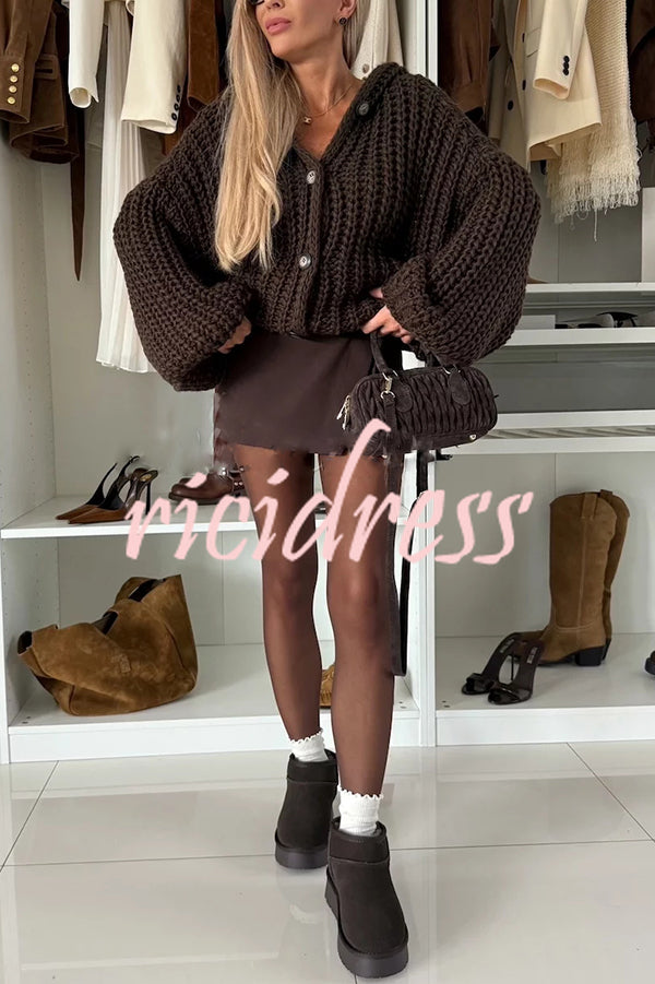 Warm Day Knit Button Up Long Balloon Sleeve Hooded Loose Cardigan