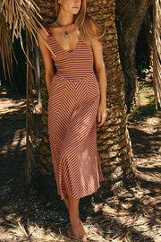 Striped Print V-Neck Lace-Up Backless Holiday Midi Dress