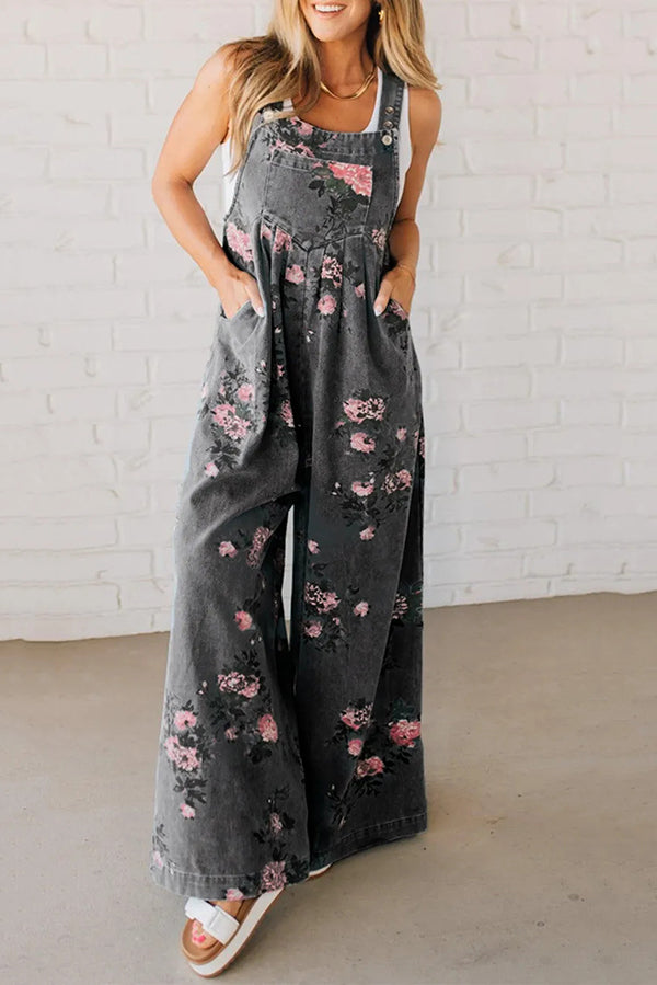 Fashion Floral Print Casual Button Pocket Loose Denim Overalls