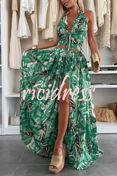 Amazon Scenery Unique Print Tie-up Cutout Waist Ring Halter Slit Maxi Dress