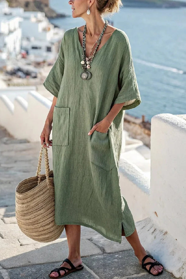 Striped Print V-Neck Casual Loose Pocket Maxi Dress