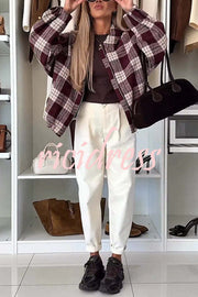Fashion Plaid Print Lapel Long Sleeve Loose Zipper Jacket