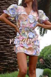 Garden Gala Embroidered Floral Applique Puff Sleeve Mini Dress
