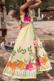 Resort Style Unique Print Sexy Square Neck Backless Waist Maxi Dress