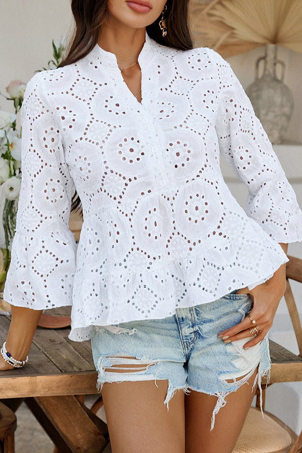 Solid Color Casual Resort Style Hollow V-neck Shirt