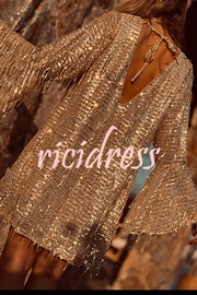 Flowing Shimmer Sequin Tassel Fabric Bell Sleeve Back Tie-up Loose Mini Dress