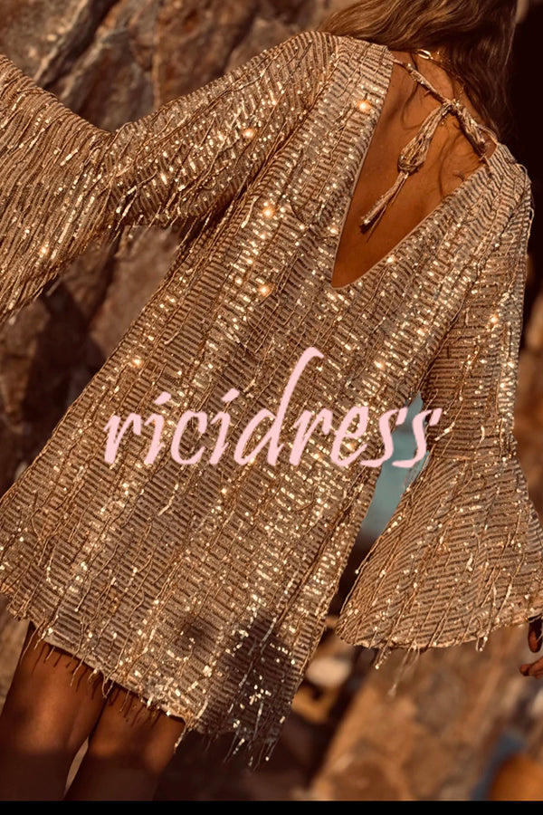 Flowing Shimmer Sequin Tassel Fabric Bell Sleeve Back Tie-up Loose Mini Dress