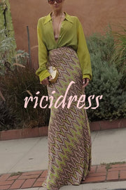 Moonlit Waltz Knit Jacquard Zigzag Print High Rise Stretch Flare Maxi Skirt