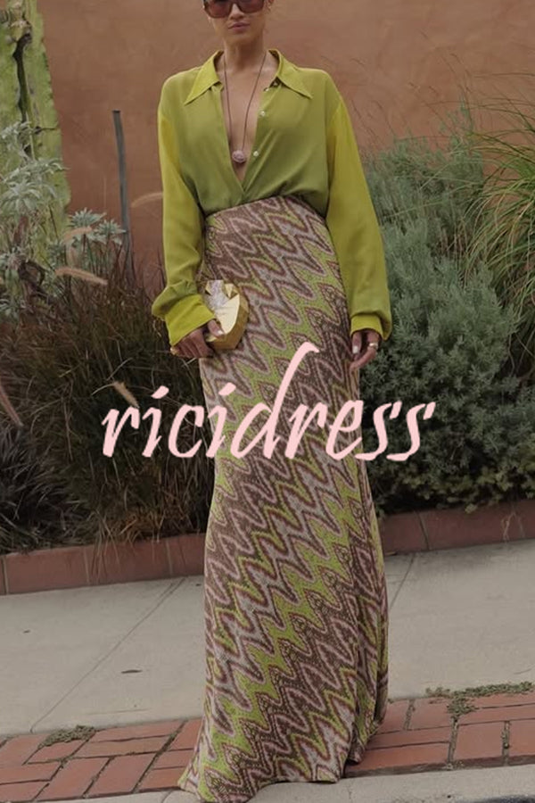 Moonlit Waltz Knit Jacquard Zigzag Print High Rise Stretch Flare Maxi Skirt