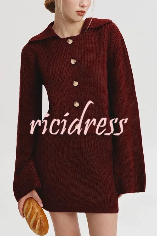Fashion Lapel Bell Sleeve Knitted Cardigan and Casual Mini Skirt Set