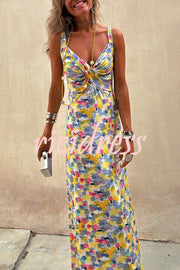 Flora Watercolor Print Crossover Neck Wide Straps Stretch Maxi Dress