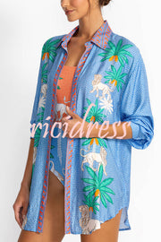 Sunday Breeze Satin Unique Print Button Down Oversized Blouse