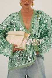 Fashion Sequined Long-sleeved V-neck Loose Lace-up Cardigan