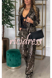 Mona Leopard Metallic Fabric Lapel Boyfriend Blazer and Elastic Waist Pocketed Loose Pants Set