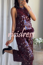 Gala Goddess Sequin Faux Fur Trim Crew Neck Sleeveless Loose Top